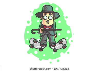 Vector cartoon illustration of Charlie Chaplin  with roller skates and walking stick. 