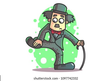 Vector cartoon illustration of Charlie Chaplin holding leg with hand and walking stick. 