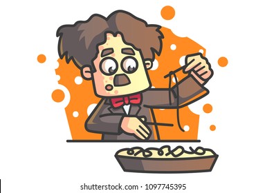 Vector cartoon illustration of Charlie Chaplin eating noodles with chopsticks. 