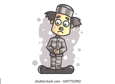 Vector cartoon illustration of Charlie Chaplin in traditional round neck suits and hat.