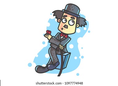 Vector cartoon illustration of Charlie Chaplin sitting in table, red rose in hand and walking  stick. 