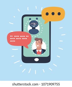 Vector cartoon illustration of Chat bot responds to customers questions. Smiling Robot holds speech bubbles and in answer process on screen. Customer service robot.