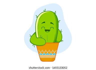 Vector cartoon illustration of the cheerful cactus in pot. Isolated on white background.