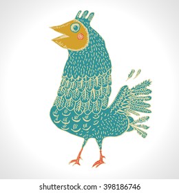 Vector cartoon illustration of cheerful chicken. Bird isolated on a white background. 