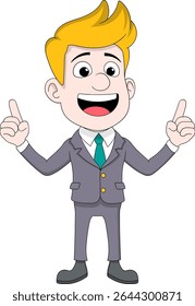 Vector cartoon illustration of a cheerful and enthusiastic businessman with blonde hair and a gray suit, pointing upwards with both index fingers
