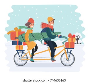 Vector cartoon illustration of Cheerful family couple riding a bike with box gift and christmas tree on snowy landscape. Happy holiday winter concept