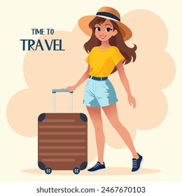 Vector cartoon illustration of a cheerful girl in a hat and comfortable summer clothes with a suitcase. 