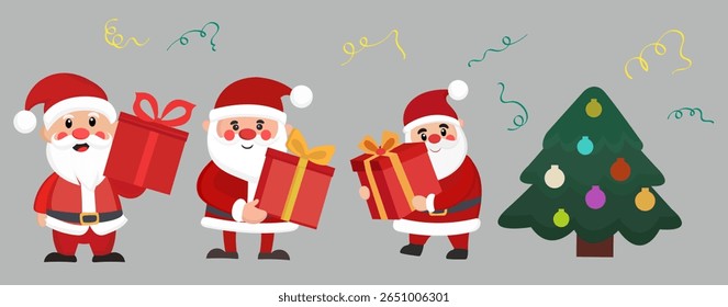 Vector cartoon illustration of cheerful Santa Clauses holding gift boxes with a decorated Christmas tree on gray background. Festive flat style, bright colors, isolated elements
