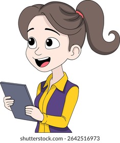 Vector cartoon illustration of a cheerful young woman with a high ponytail, wearing a yellow shirt and purple vest, holding a tablet device.