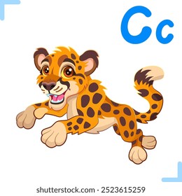 Vector cartoon illustration of a cheetah with letter "C" - design for English alphabet for children. Collection of cute animals and letters.