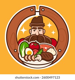 Vector cartoon illustration of chef logo with mustache and beard and food in plate. for restaurant and cafe. Element for your design