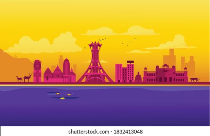 Vector cartoon illustration of the Chhattisgarh skyline. Isolated on a colored background.