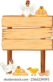 Vector cartoon illustration of a chicken with chicks on a wooden board frame