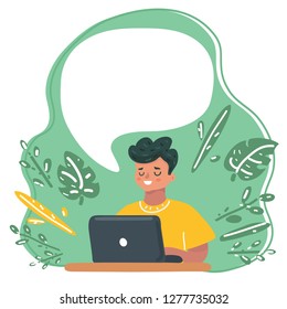 Vector cartoon illustration of Child blogging in internet, learn or gaming, concentrated boy with laptop. Speech bubble above him.