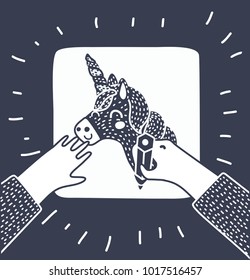 Vector cartoon illustration of child drawing with pencils. Unicorn draw by human hands. Black and white colors.