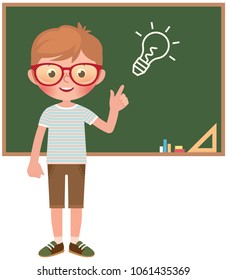Vector cartoon illustration of a Child girl pupil at the school board isolated on white background