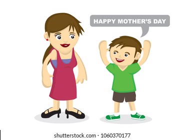 Vector cartoon illustration of a child giving a greeting to his mother. Concept of bonding between the mother and son. Suitable for mother day.