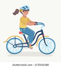 Vector cartoon illustration of Child riding bike. Little girl in helmet. Human character on white background.