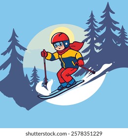 vector Cartoon Illustration of a Child Skiing Downhill illustration in a Winter Landscape
