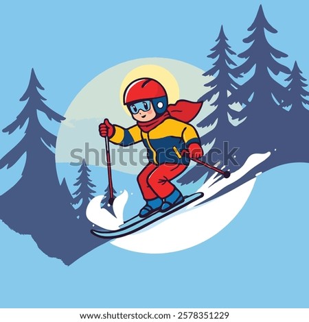 vector Cartoon Illustration of a Child Skiing Downhill illustration in a Winter Landscape
