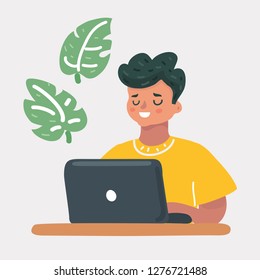 Vector cartoon illustration of child, studying by online learning with laptop. Education and technology games and security concept. Human character on white background.