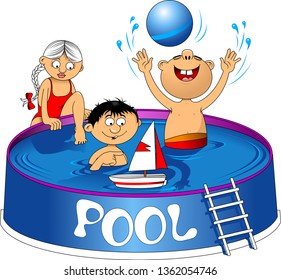 Vector cartoon illustration of children bathing in an inflatable outdoor swimming pool
