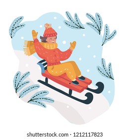 Vector cartoon illustration of Children on a sled ride with the mountain. Happy little girl concept. Winger fun.