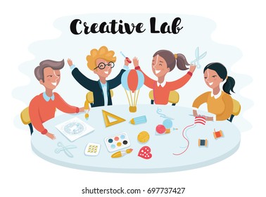 Vector cartoon illustration children studying at desk and make creative object on workshop. Smart genius talanted girls and boys. Creative acsessories arround.