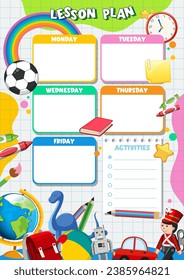 Vector cartoon illustration of children's toys and learning tools on a lesson plan template