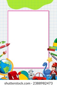 A vector cartoon illustration of children's toys arranged on a notebook with lines, forming a border frame template