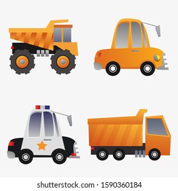 Vector cartoon illustration of a child's bright orange cars that are used for construction work, and among them a police car that serves to protect order.
