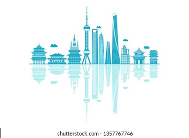 Vector cartoon illustration of china skyline. Isolated on white background.