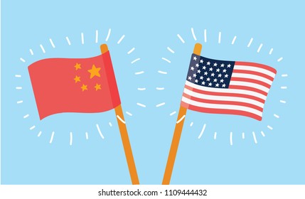 Vector cartoon illustration of Chinese and American flags at blue background.