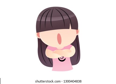 Vector cartoon illustration of Chinese girl standing with crossed arms . Isolated on white background.