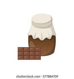 Vector cartoon illustration with chocolate jam jar. Sweet jelly marmalade glass bottle. Homemade sugar preserves icon. Fruit food object