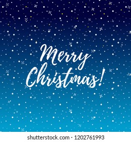 Vector cartoon illustration of Christmas card with title, banner or poster with night and snowfall. Traditional holiday celebration.