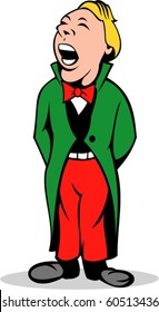 vector cartoon illustration of a Christmas caroler singing in red green suit isolated on white background.