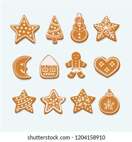 Vector cartoon illustration of Christmas collection with gingerbread and cookies figures of snowman, heart, man, stars, moon, house, ball, tree decorated of white glaze isolated on white background.