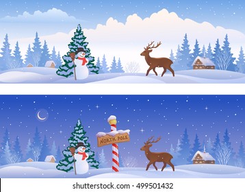 Vector cartoon illustration of Christmas landscapes with a North Pole sign, a snow man and a deer, panoramic banners