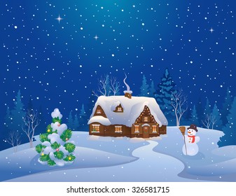 Vector cartoon illustration of a Christmas night scene with a snow covered house, cute snowman and decorated fir tree