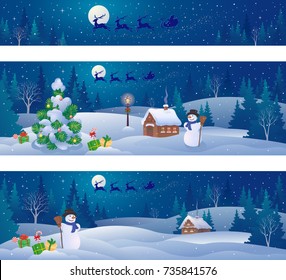 Vector cartoon illustration of Christmas night landscapes and Santa Claus sleigh flying over snowy woods and houses, panoramic banners collection