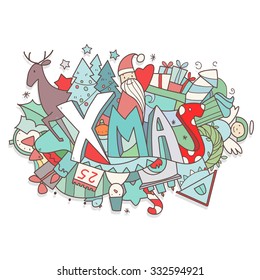 Vector cartoon illustration for christmas time with word Xmas and elements like santa claus, gifts, deer, fireplace,angel, candy and so on