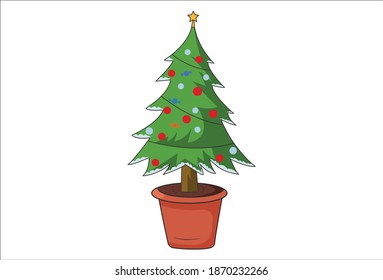 Vector cartoon illustration of Christmas tree in the pot. Isolated on white background.