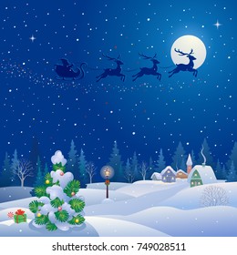 Vector cartoon illustration of a Christmas tree, snowy night village and Santa Claus sleigh, square design xmas card