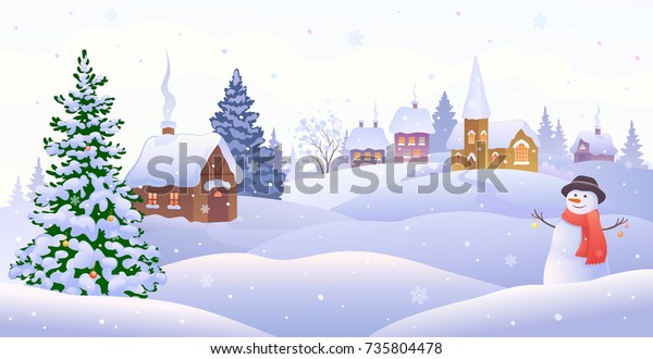 かわいい雪の男性とクリスマス村の風景を描いたベクターイラスト のベクター画像素材 ロイヤリティフリー
