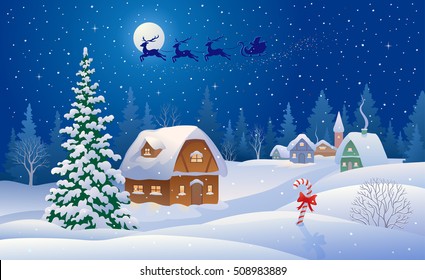 Vector cartoon illustration of a Christmas wonderland scene with Santa Claus sleigh flying in the night sky and snowy village panorama