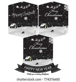 Vector cartoon illustration of a Christmas wonderland scene with Santa Claus sleigh flying in the night sky and snowy village panorama