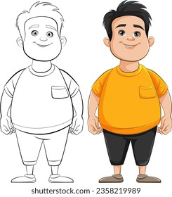 A vector cartoon illustration of a chubby teen man wearing a t-shirt for colouring pages
