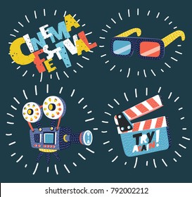 Vector cartoon illustration of Cinema icons set on dark background. Retro camera, 3d glasses, clapperboard on dark background. Modern graphic concept.