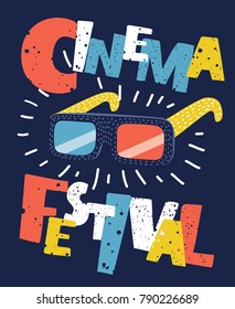 Vector cartoon illustration of Cinema poster. Movie time with 3D glasses and lettering elements. Modern graphic concept in colorful style.